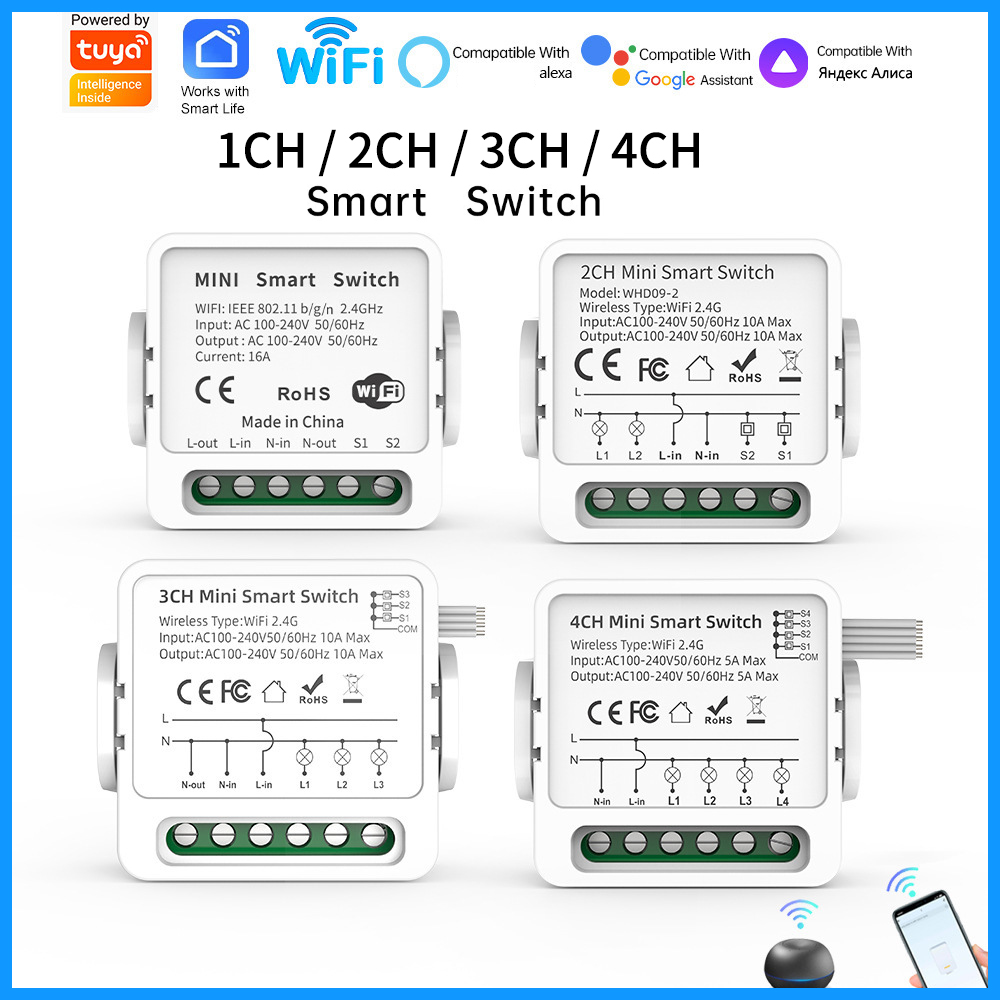 Smart Home Wiz - Inteligentny przełącznik WiFi Tuya 1/2/3/4-kanałowy, 4-drożny