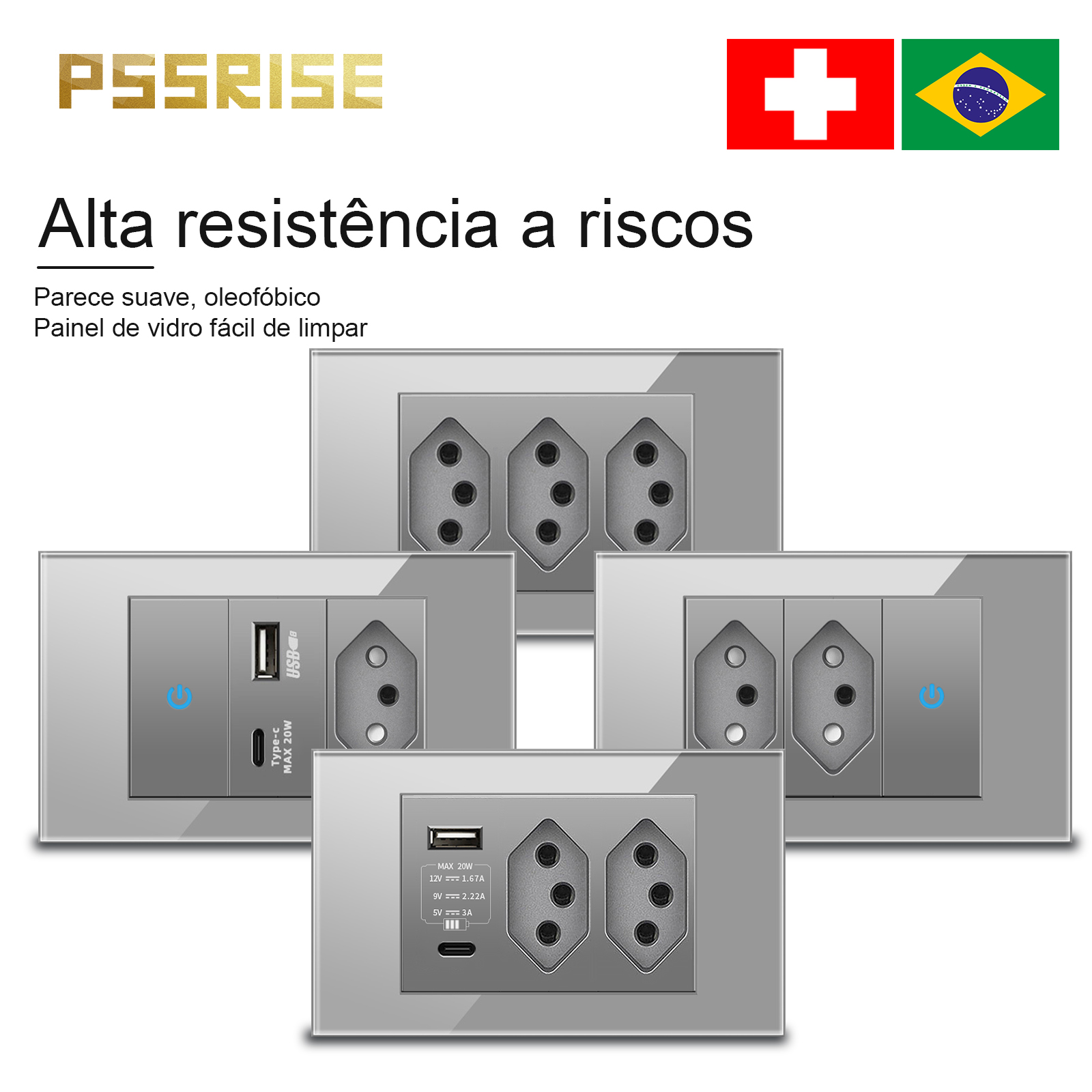 Smart Wall Socket - PSSRISE Szary Szklany Włącznik Ścienny z